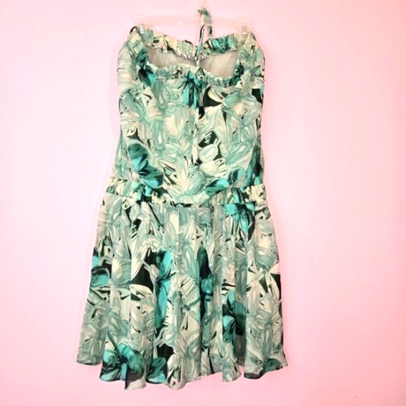 Iceberg Floral Green Strapless drop waist Dress, 100% Silk, Size M - Picture 2 of 8